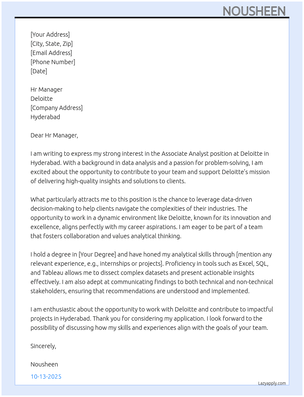Associate analyst  At Deloitte  Cover Letter