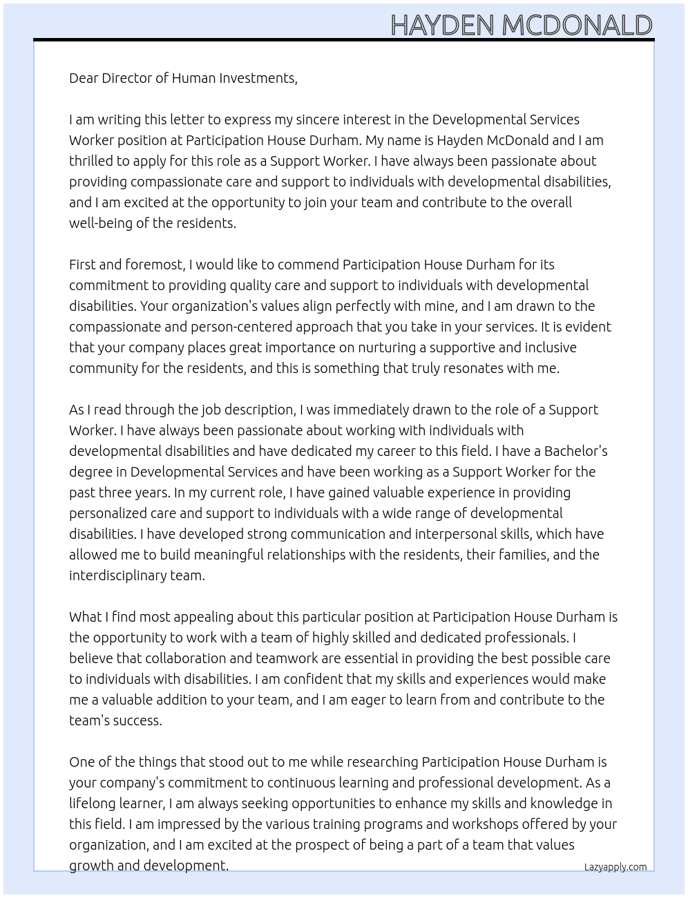 Developmental Services Worker At Participation House Durham Cover Letter