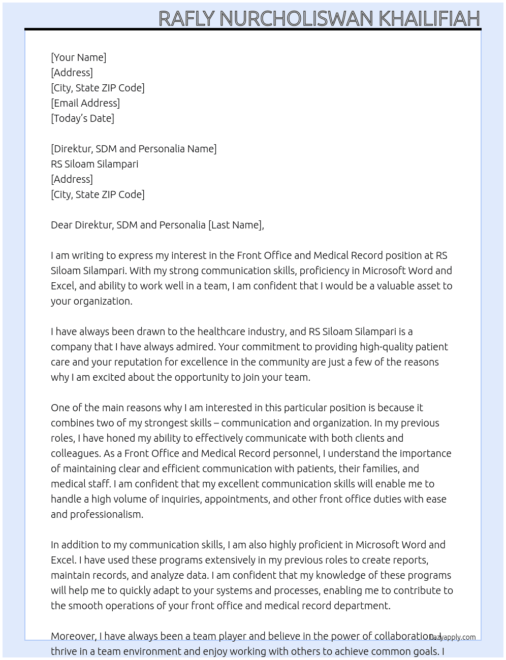 Front Office And Medical Record  At RS Siloam Silampari Cover Letter