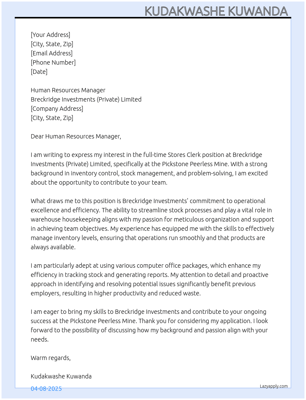 Stores Clerk At Breckridge Investments (Private) Limited  Cover Letter