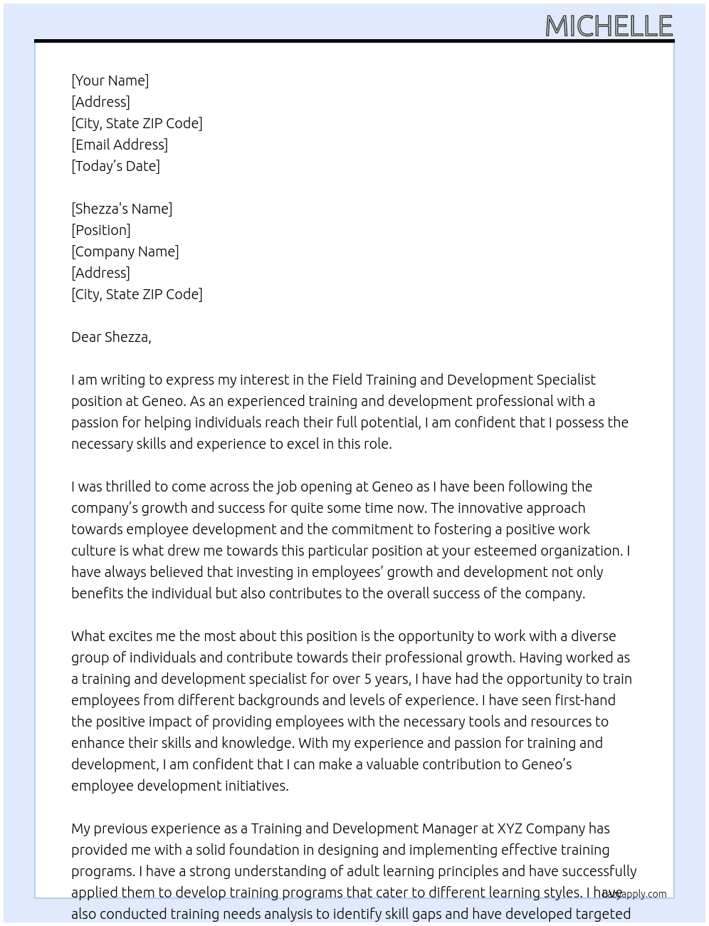 Field Training and Development Specialist At Geneo Cover Letter