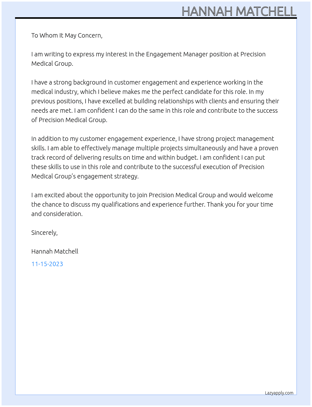 Engagement Manager At Precision Medical Group Cover Letter