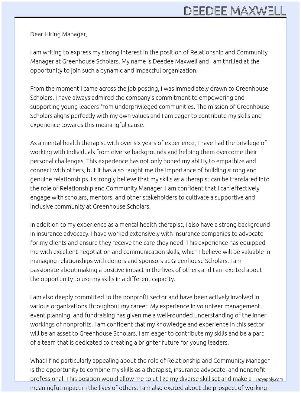 Relationship and Community Manager At Greenhouse Scholars Cover Letter