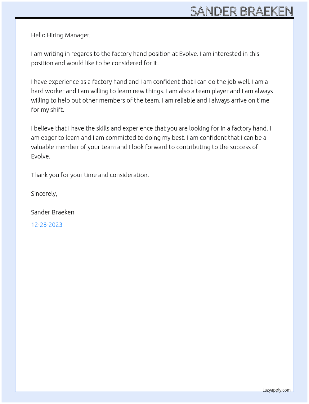 factory hand At Evolve Cover Letter