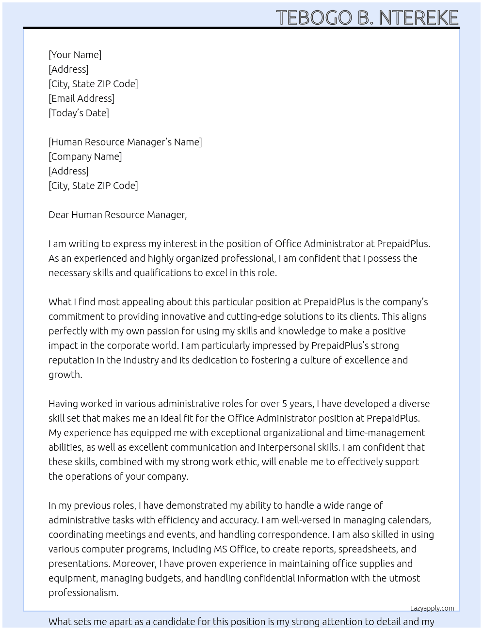 Office Administrator At PrepaidPlus Cover Letter