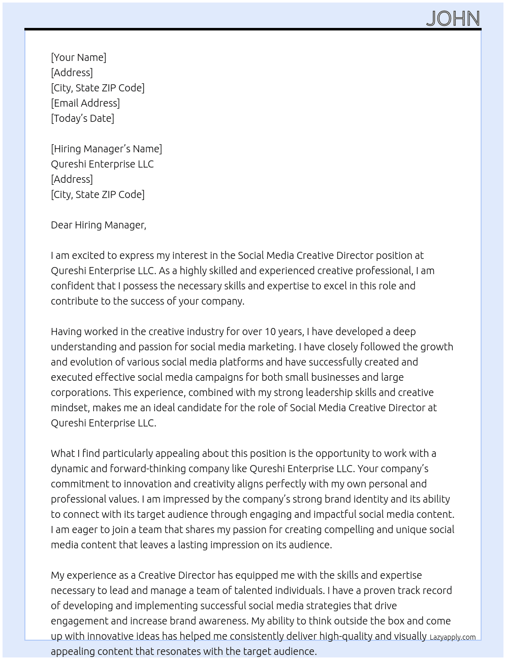 Social media Creative director  At Qureshi Enteprise LLC Cover Letter