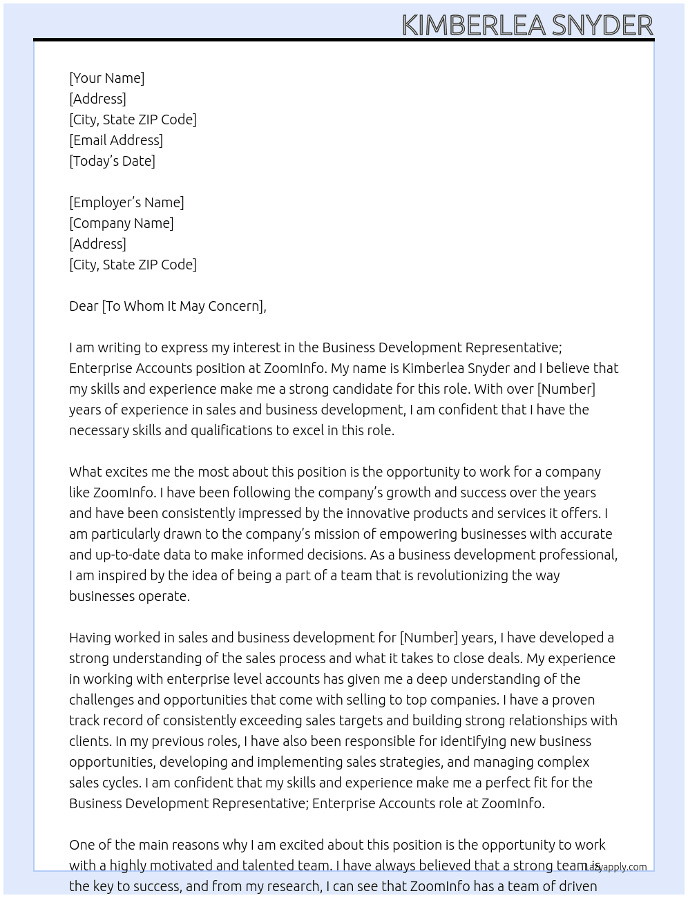 Business Development Representative; Enterprise Accounts At ZoomInfo Cover Letter