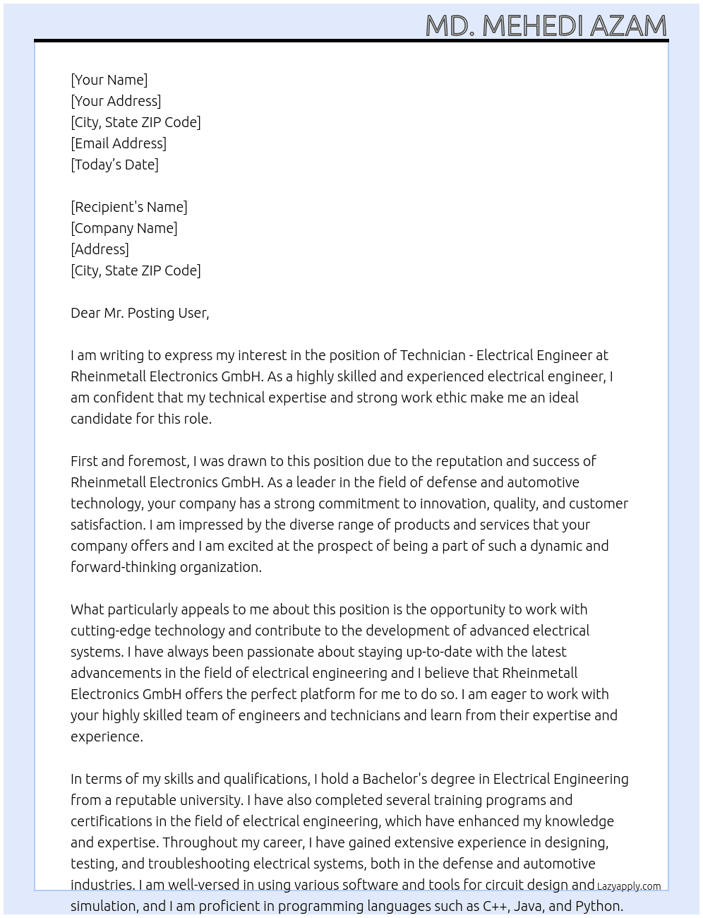 Technician - Electrical Engineer At Rheinmetall Electronics GmbH Cover Letter