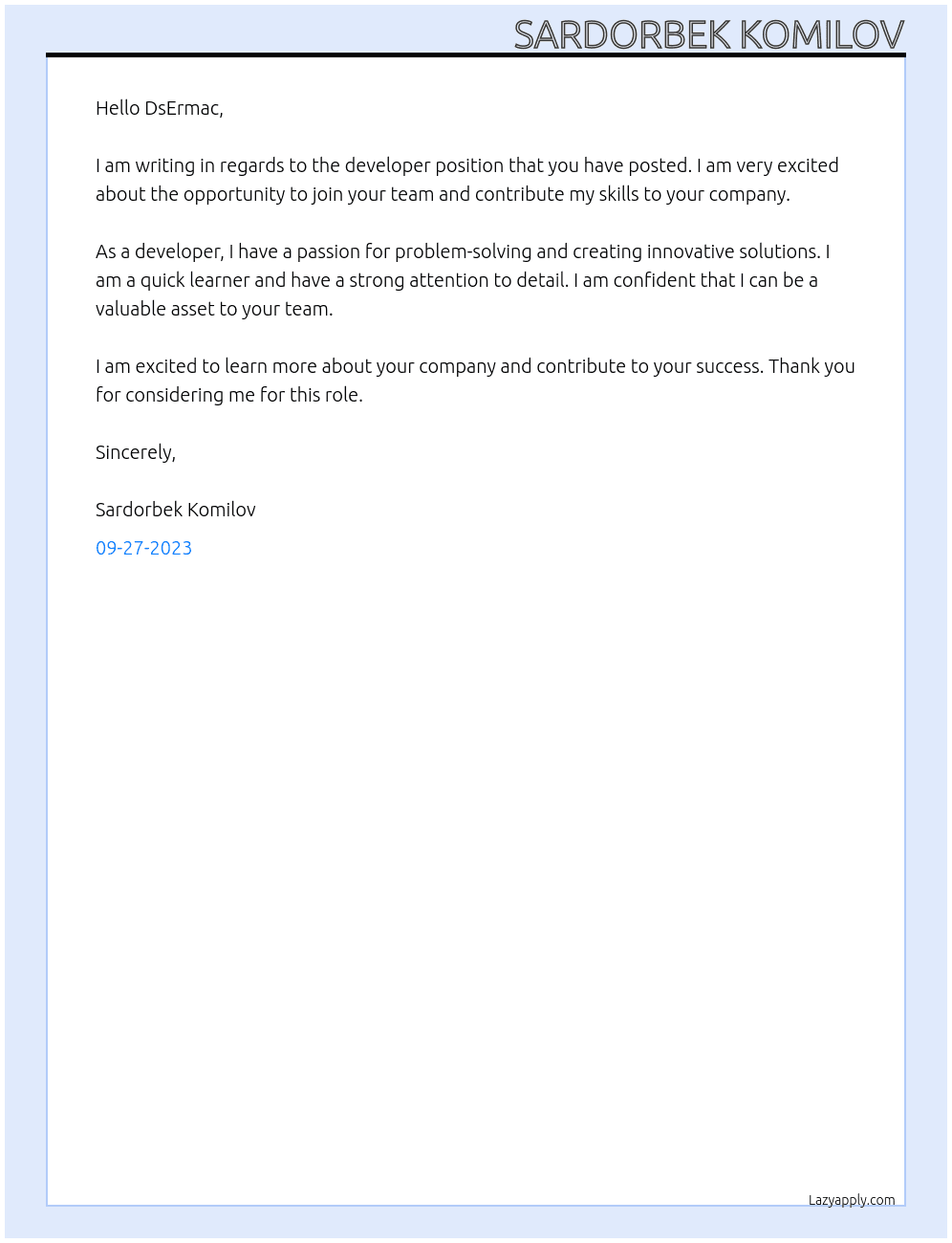 Developer At DsErmac Cover Letter
