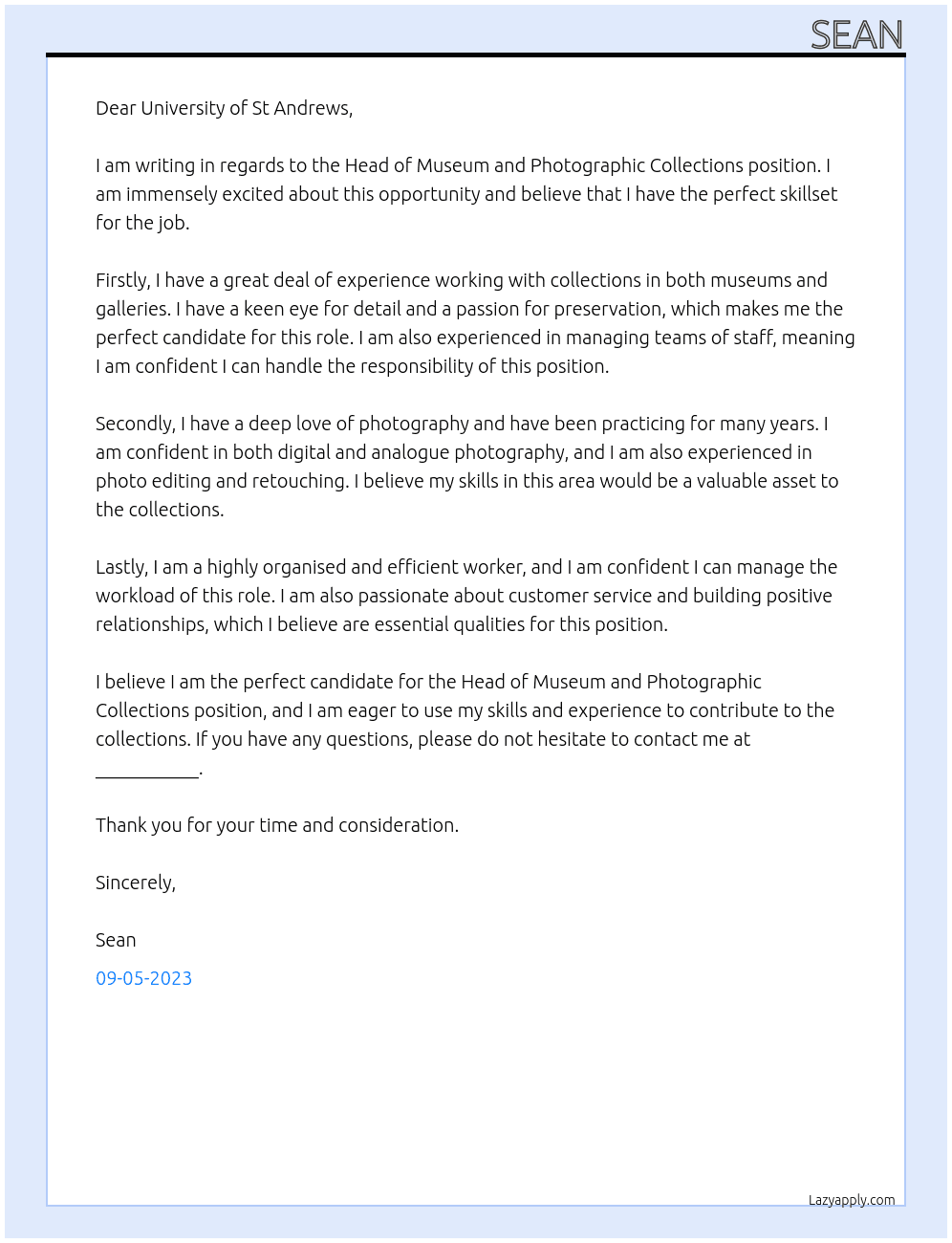 Head of Museum and Photographic Collections At University of St Andrews Cover Letter