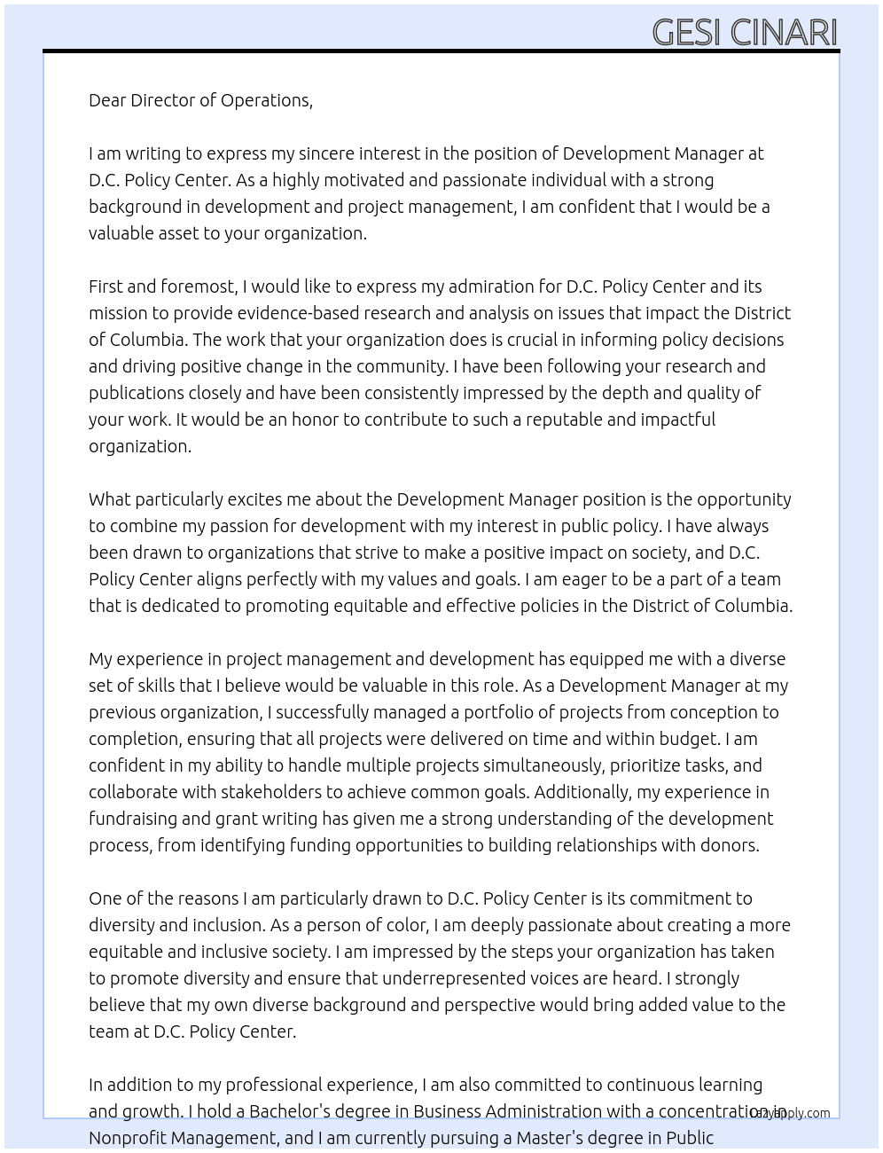 Development Manager  At D.C. Policy Center Cover Letter