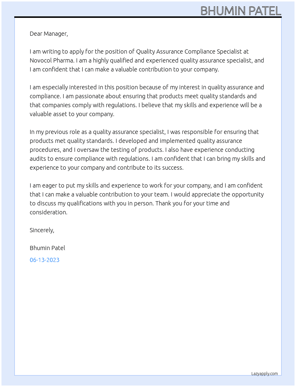 Quality Assurance Compliance Specialist  At Novocol Pharma Cover Letter