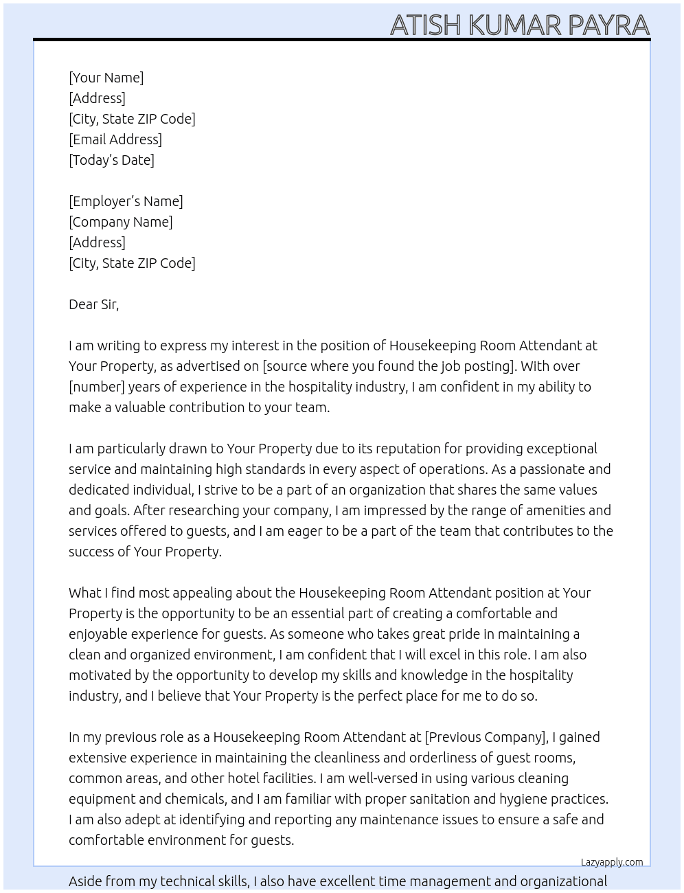 Housekeeping Room Attendant  At Your Property  Cover Letter
