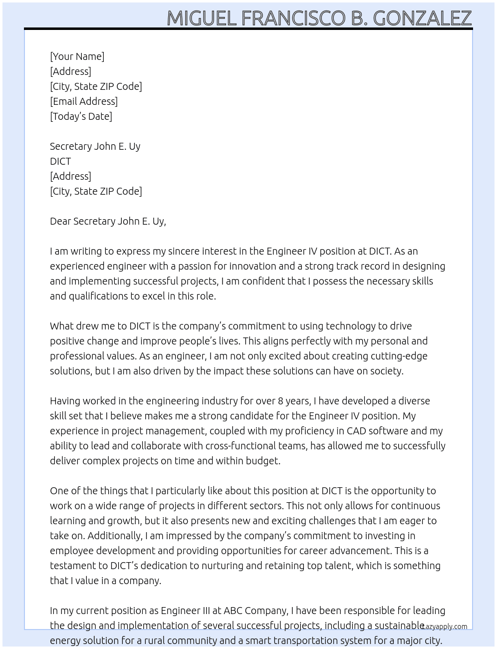 Engineer IV At DICT Cover Letter
