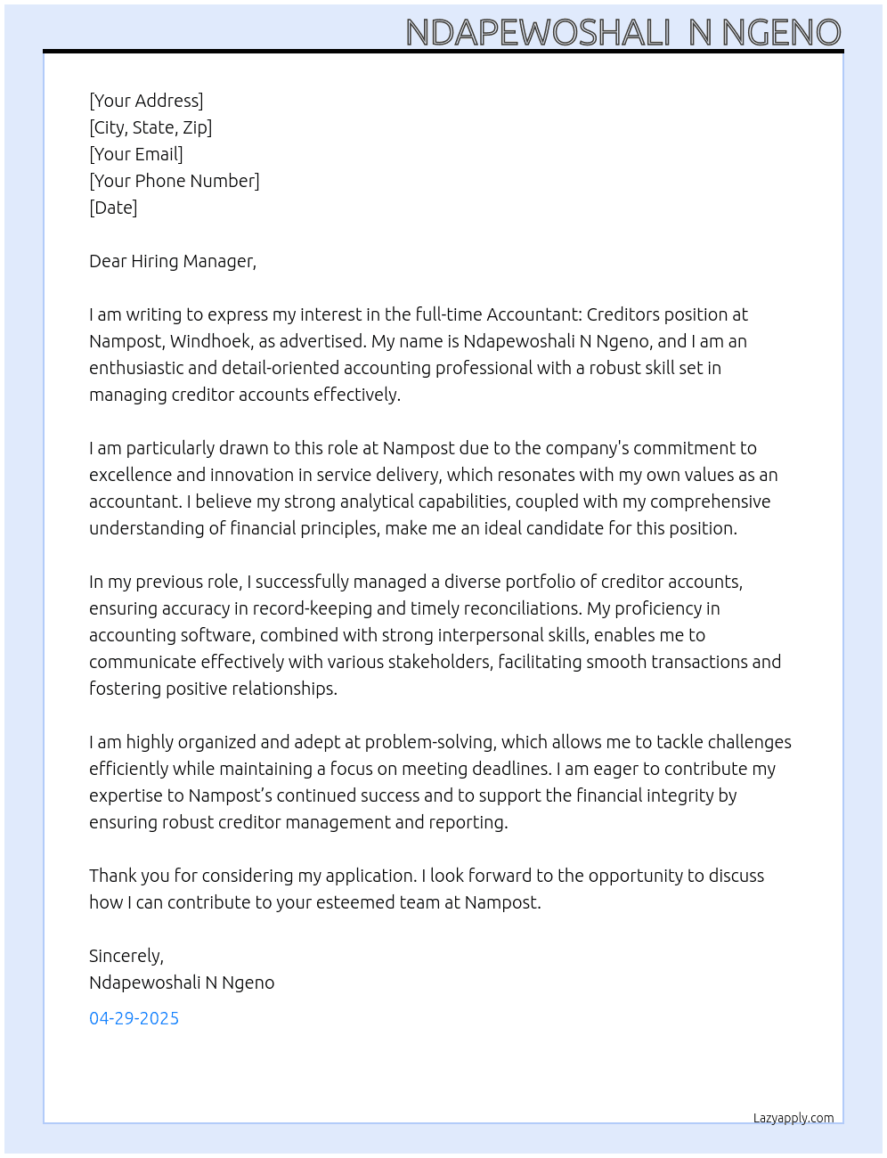 Accountant :Creditors At Nampost, Windhoek Cover Letter