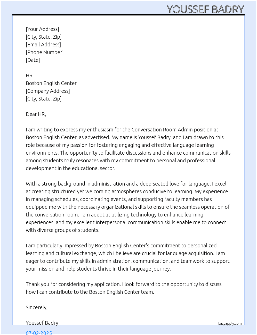 Conversation Room Admin  At Boston English Center Cover Letter