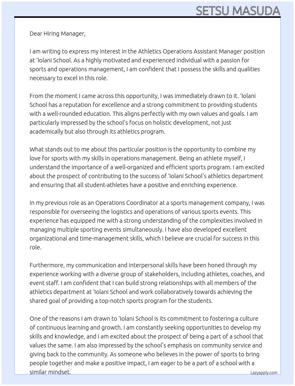 Athletics Operations Assistant Manager At ‘Iolani School Cover Letter