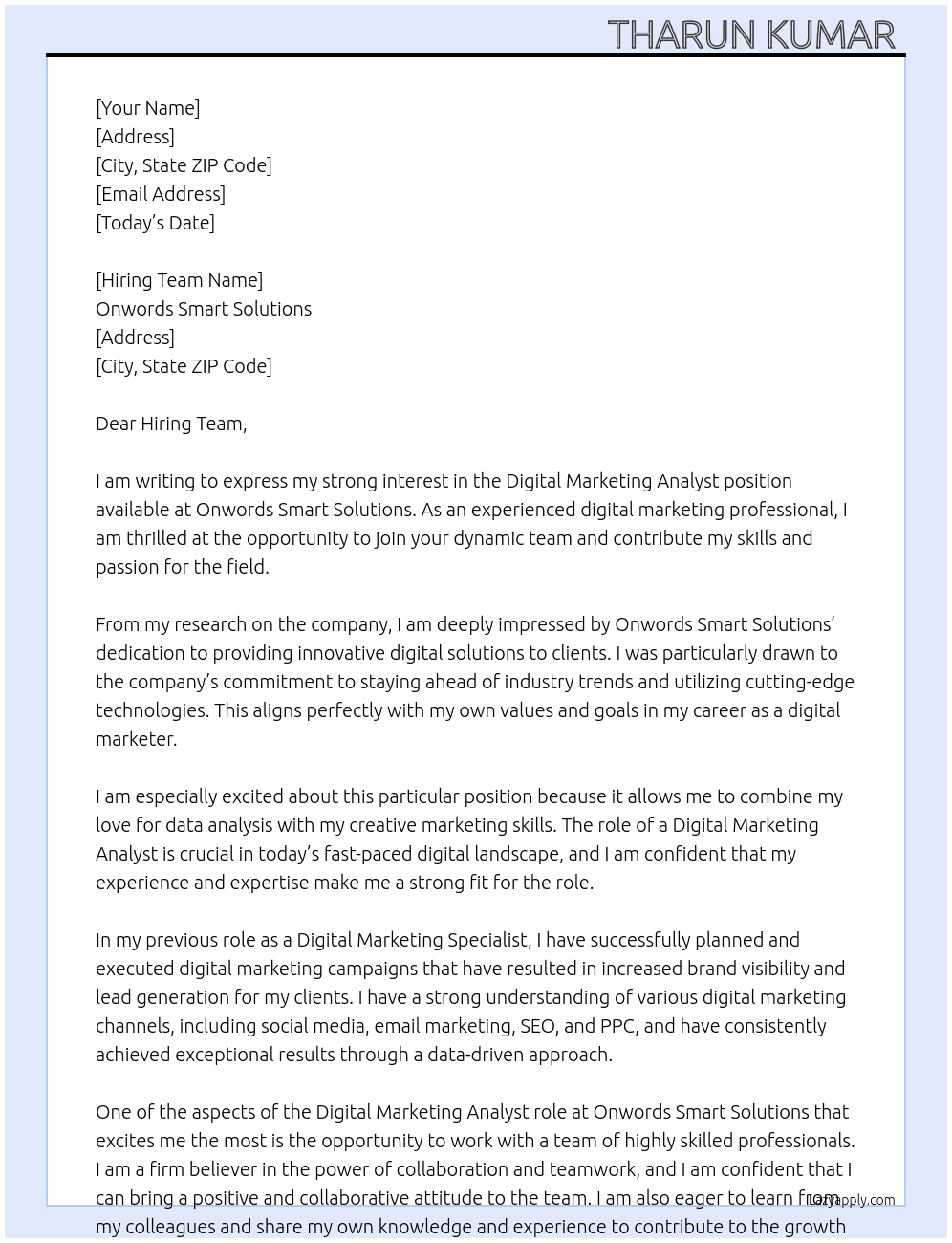 Digital Marketing Analyst  At Onwords smart Solutions Cover Letter