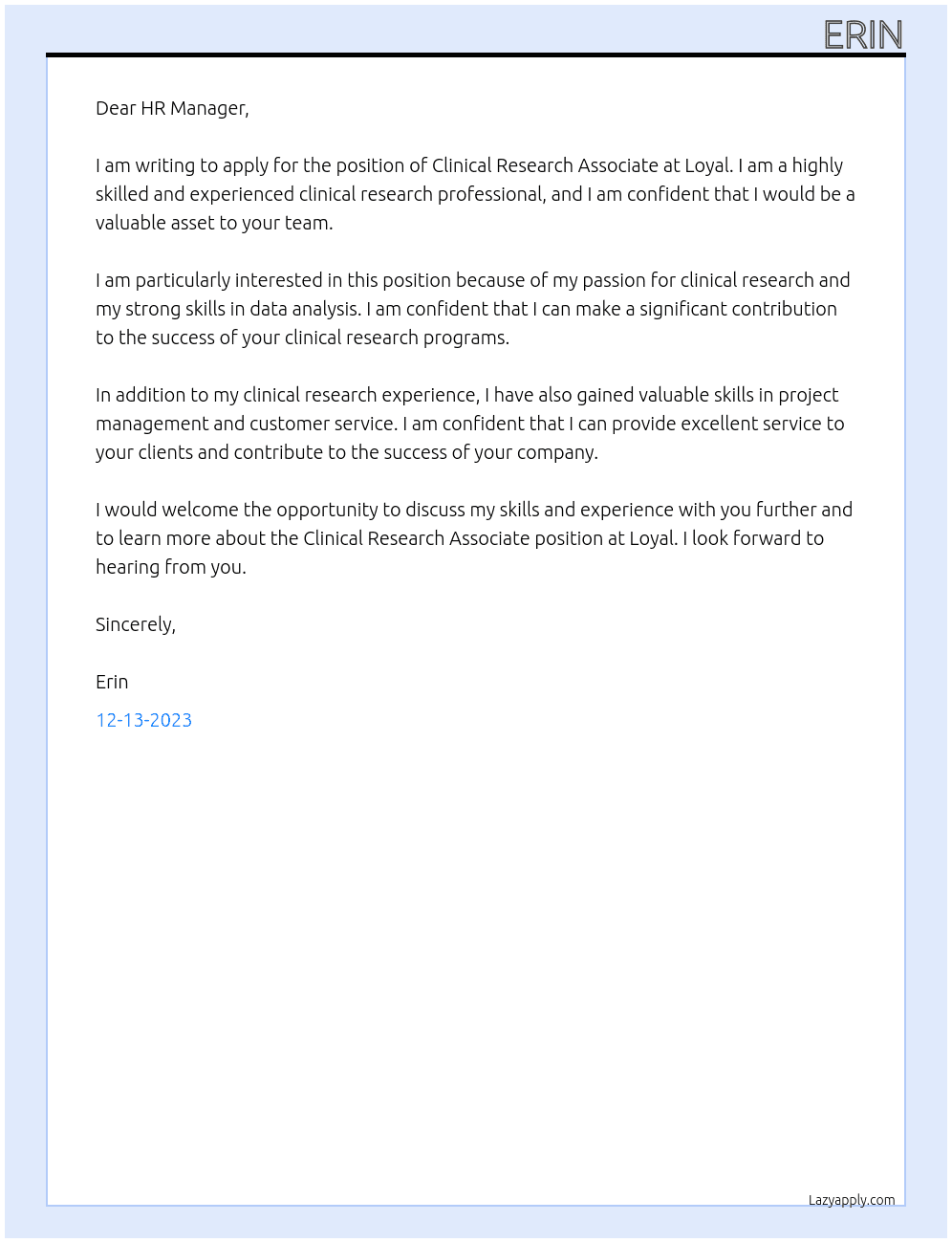 Clinical Research Associate At Loyal Cover Letter