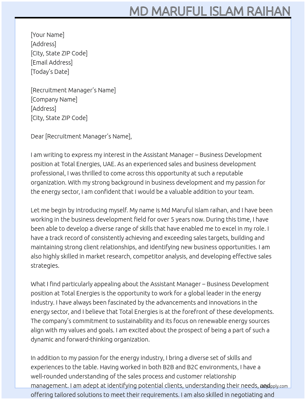 Assistant Manager - Business Development At Total Energies, UAE Cover Letter