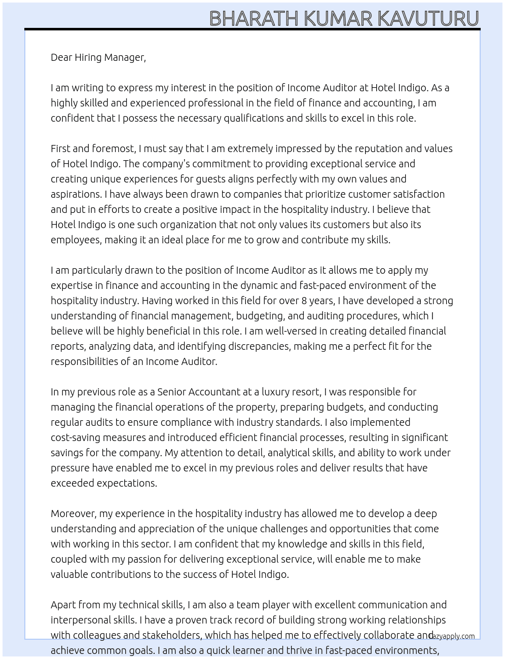 Income Auditor At Hotel Indigo Cover Letter