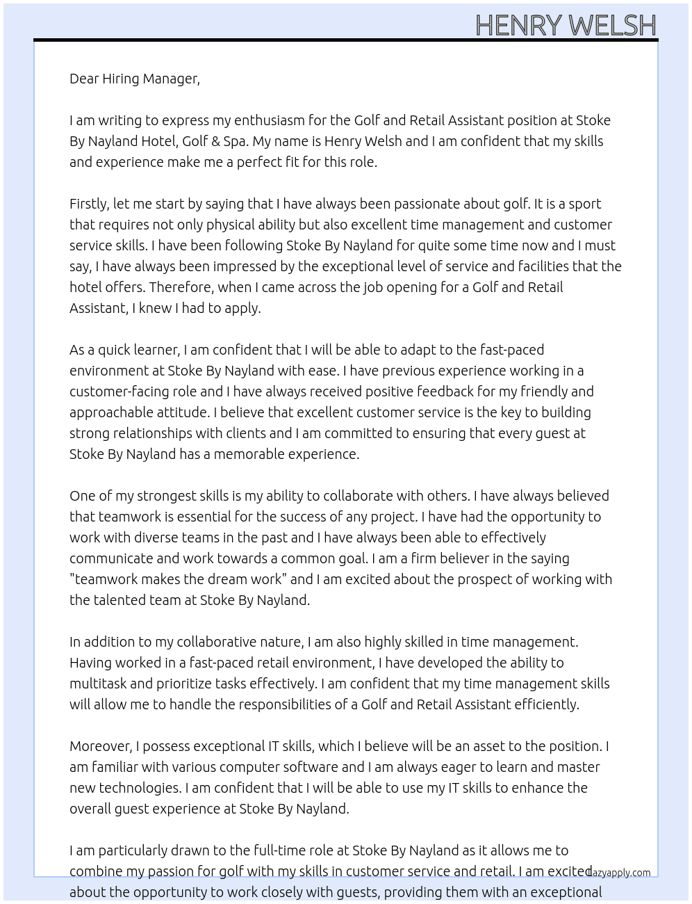 Golf and Retail Assistant At Stoke By Nayland Hotel , Golf & Spa Cover Letter