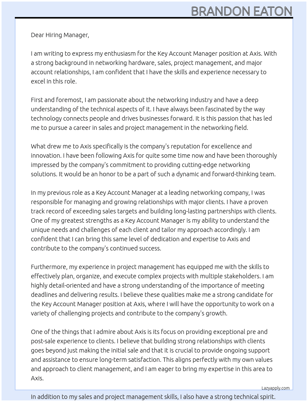 Key Account Manager At Axis Cover Letter