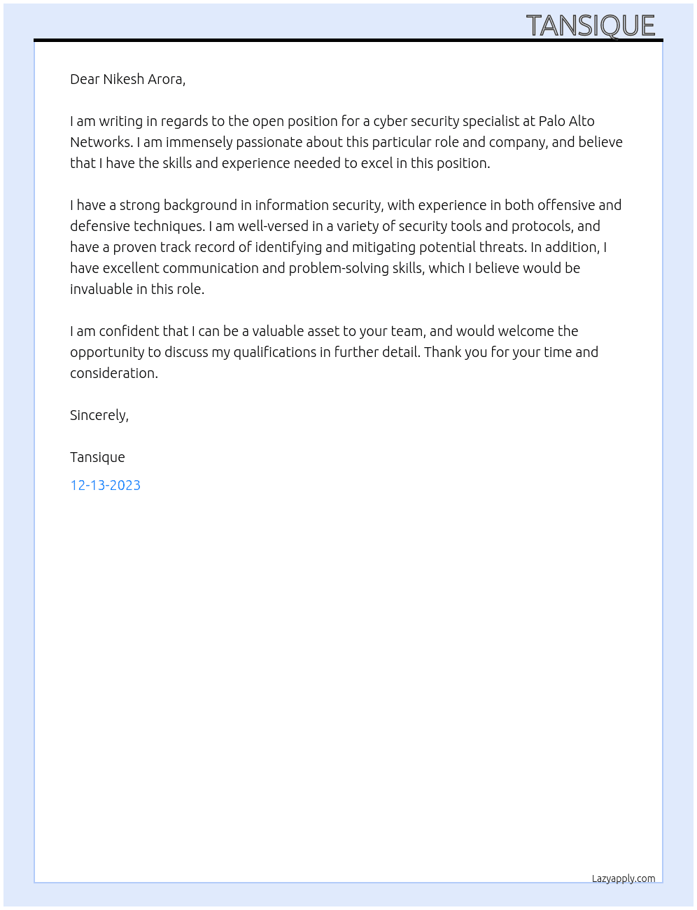 Cyber security specialist  At Palo Alto Networks  Cover Letter