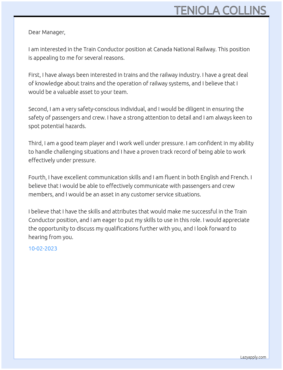 Train Conductor At Canada National Railway  Cover Letter
