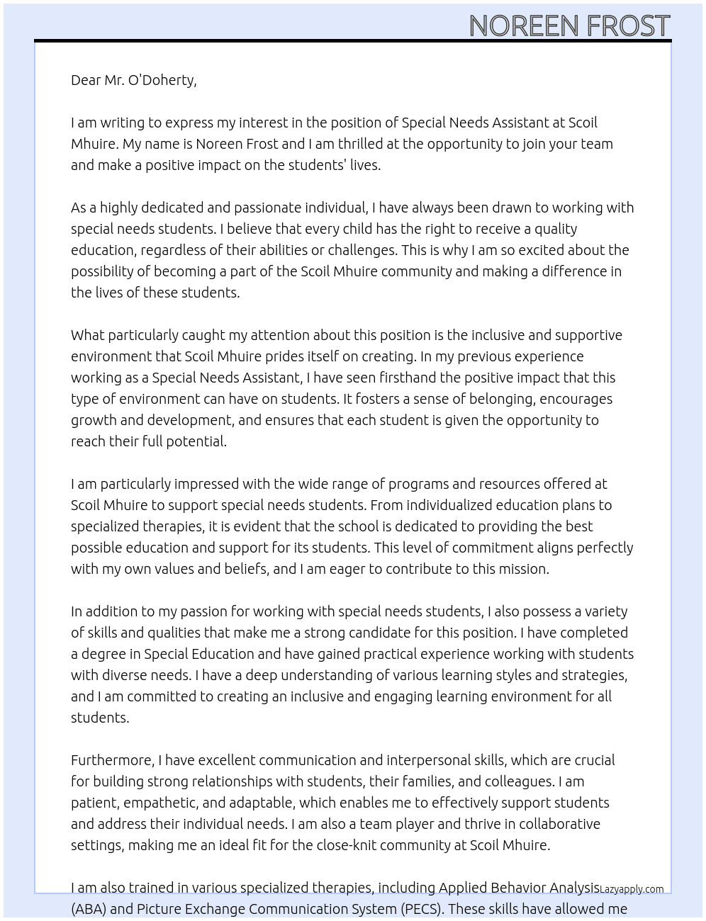 Cover letter for special needs assistant - LazyApply