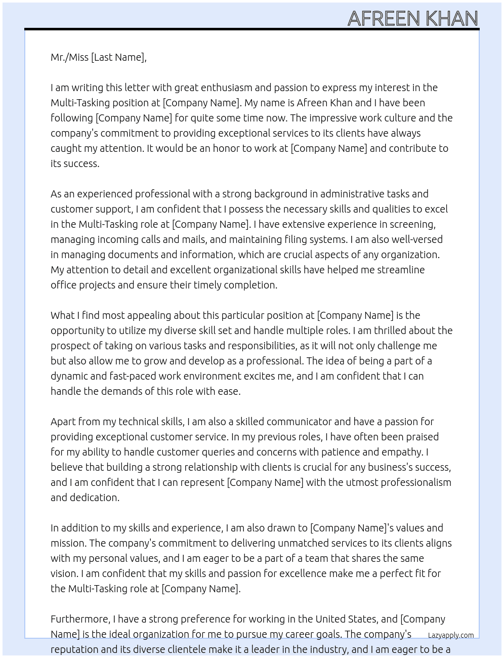 multi tasking At conpmany  Cover Letter