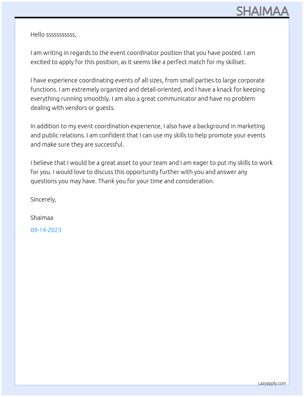 Volunteering as an event coordinator At ssssssssssssssssssss Cover Letter