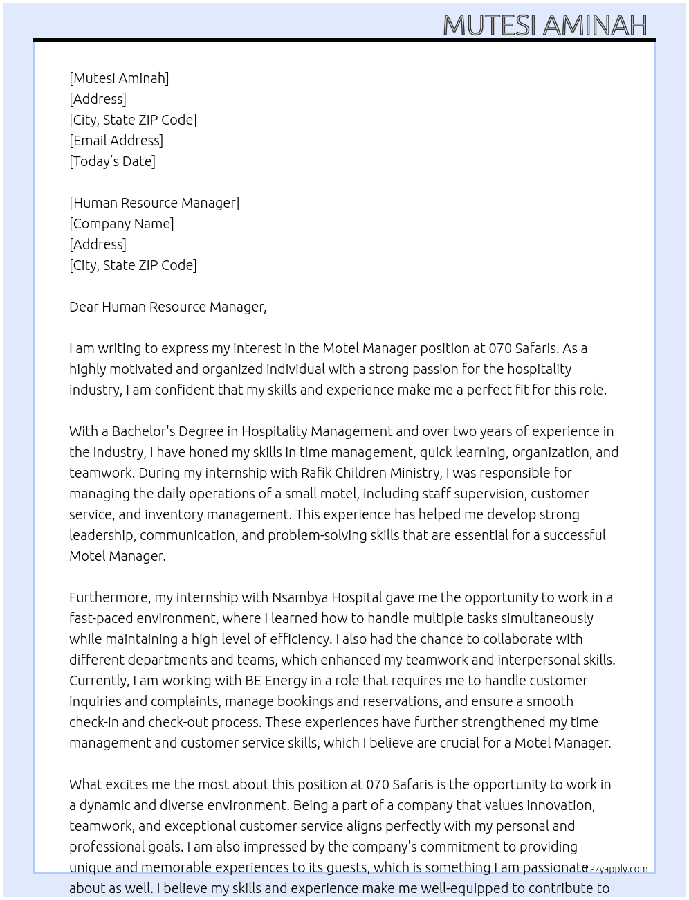 Motel manager  At 070 Safaris  Cover Letter