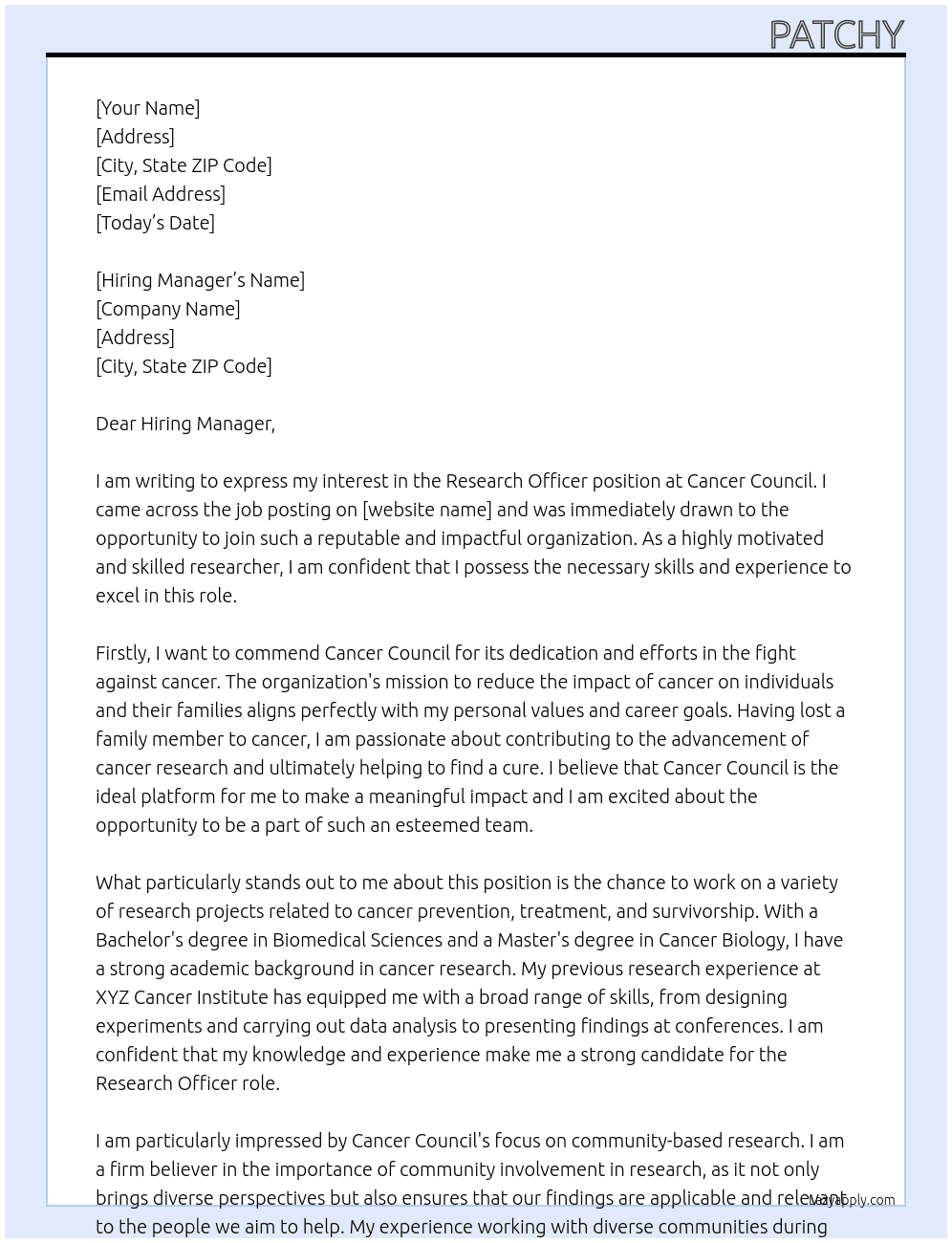 Research Officer At Cancer Concil Cover Letter