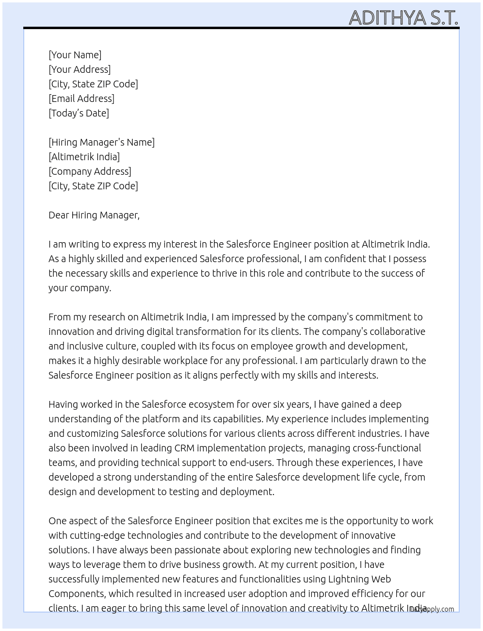 Salesforce Engineer At Altimetrik India Cover Letter