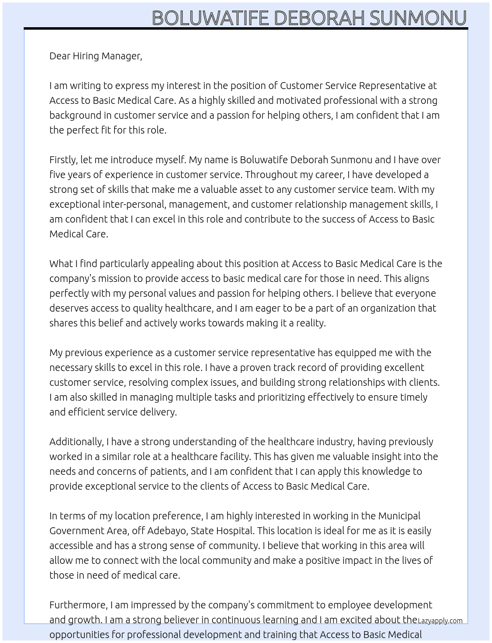 Customer service representative At Access to Basic Medical Care Cover Letter