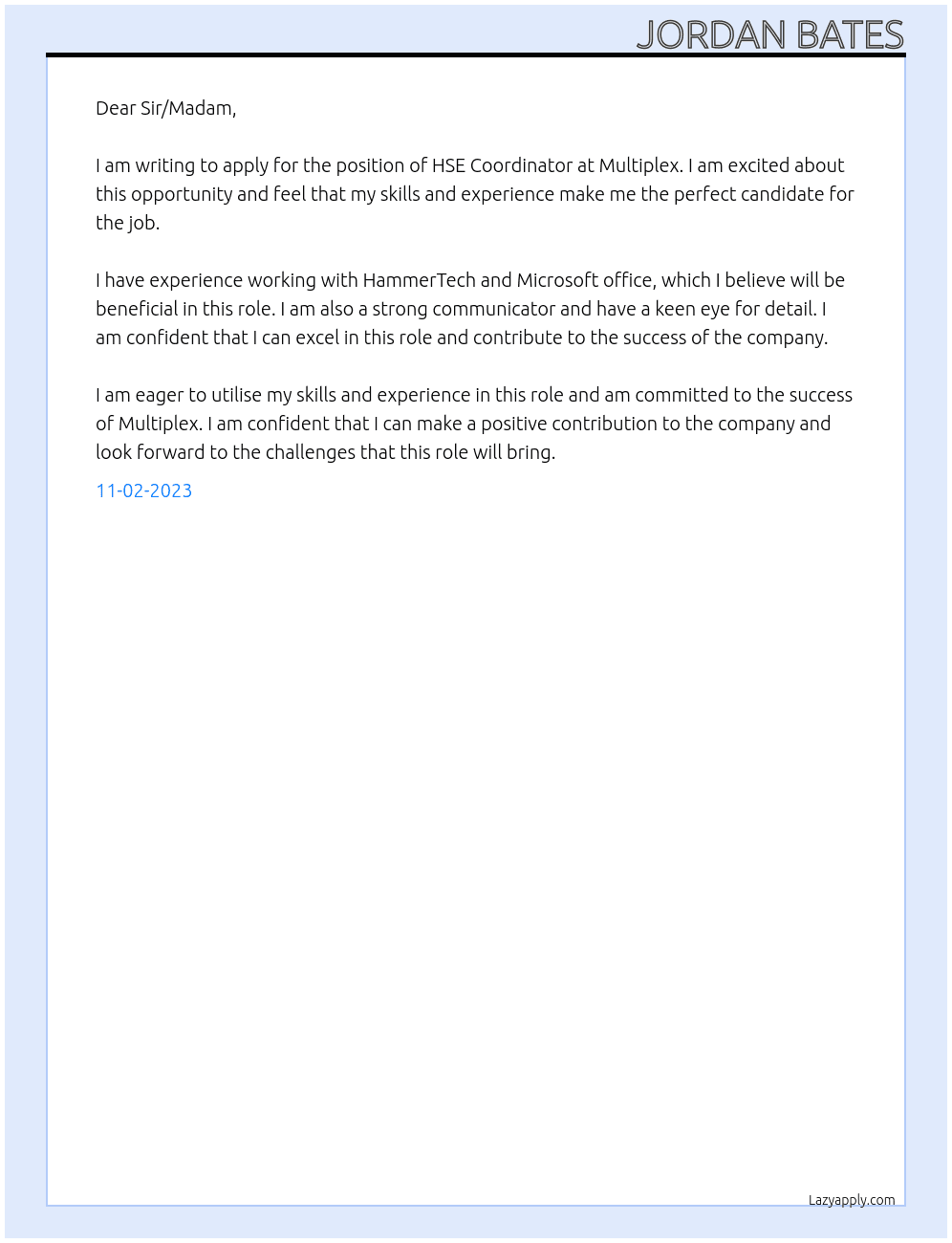 HSE Coordinator  At Multiplex Cover Letter