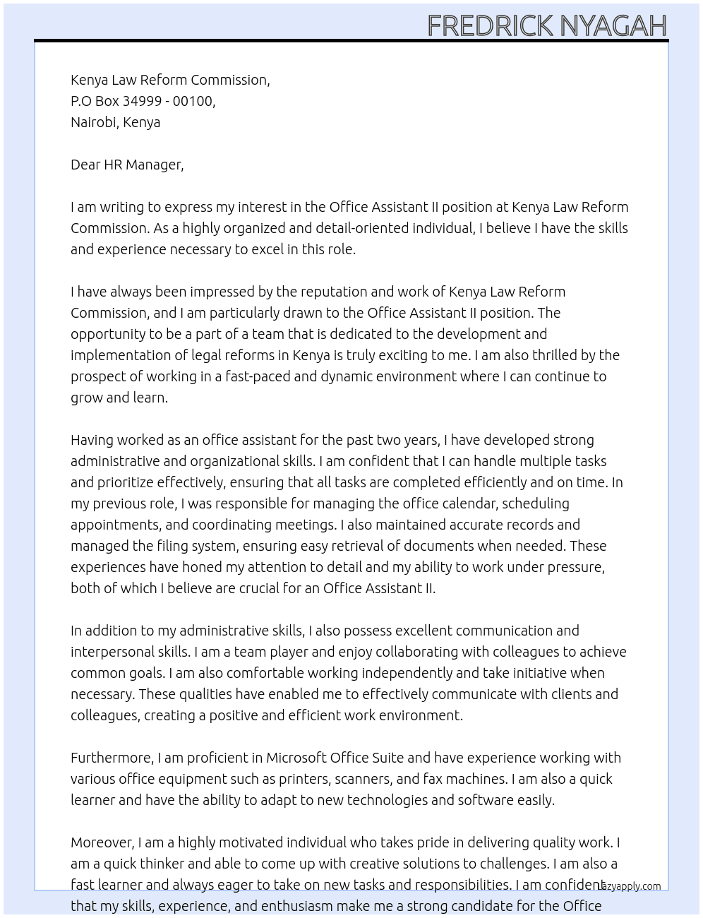 Office Assistant II At Kenya Law Reform Commission Cover Letter