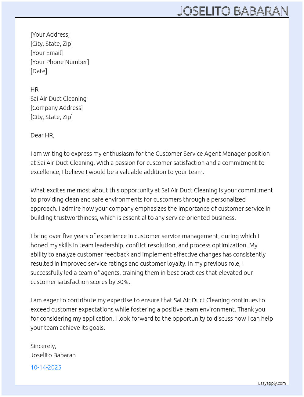 Customer Service Agent Manager  At Sai Air Duct Cleaning Cover Letter