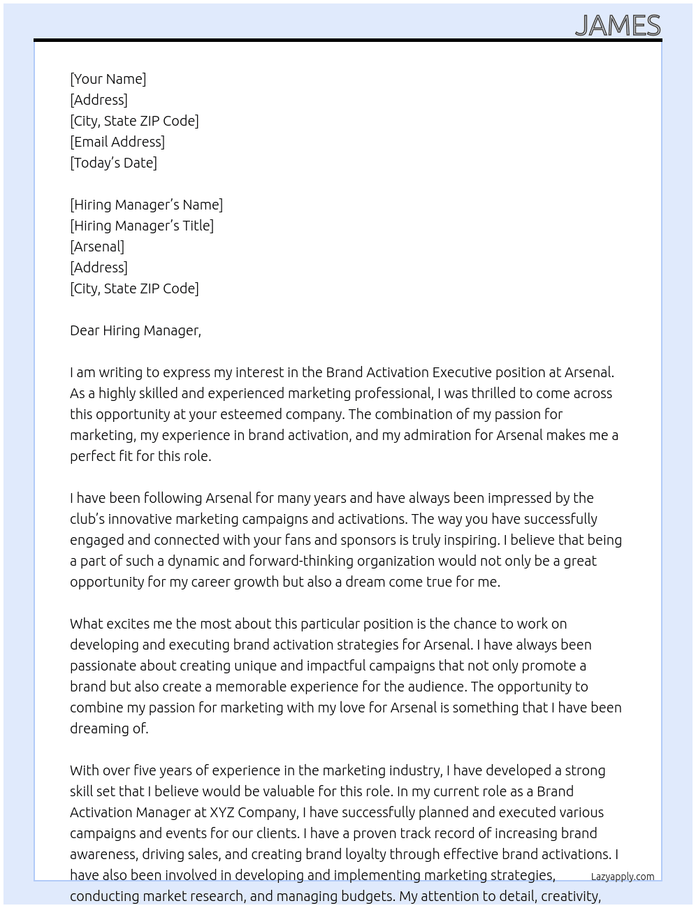 Brand Activation Executive At Arsenal Cover Letter