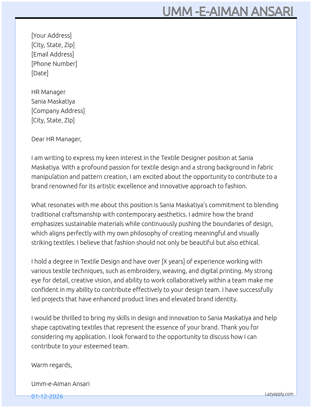 Textile desighner At Sania Maskatiya  Cover Letter