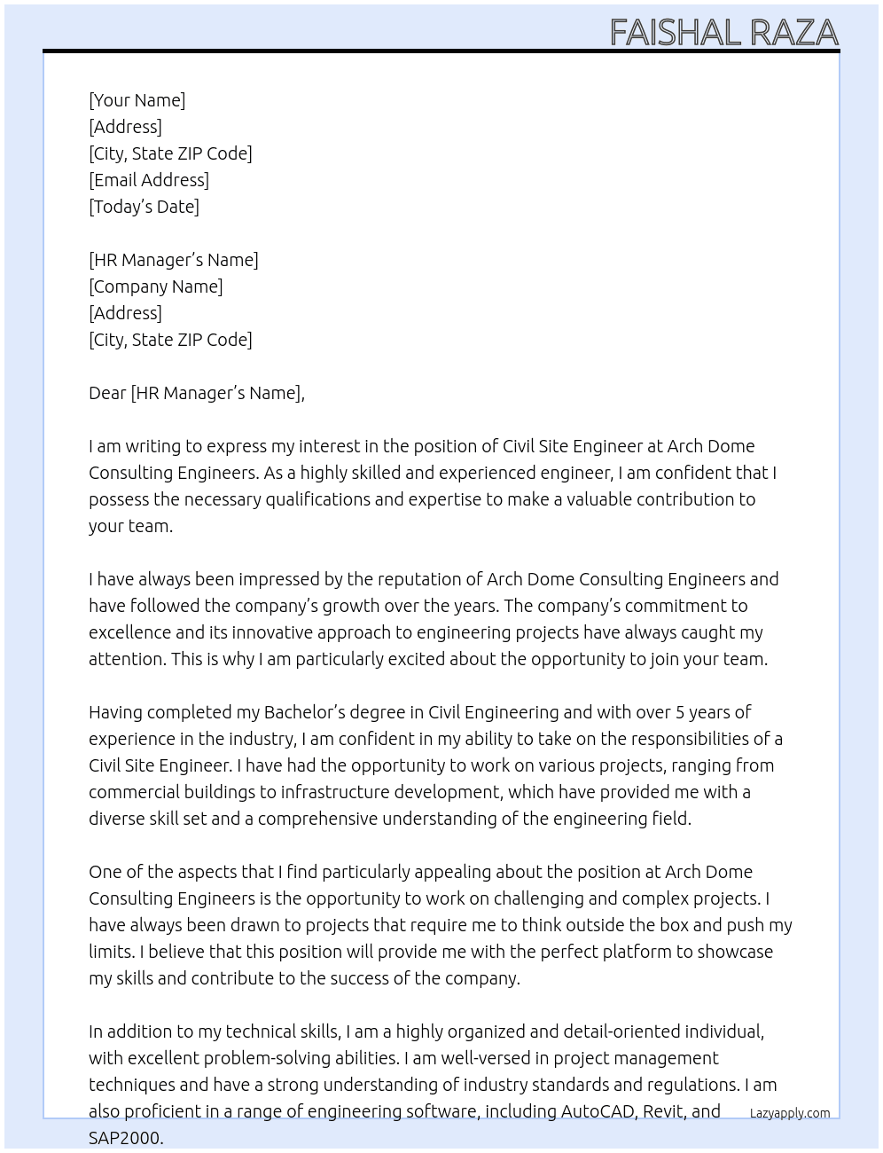 Civil Site Engineer  At Arch Dome Consulting Engineers Cover Letter