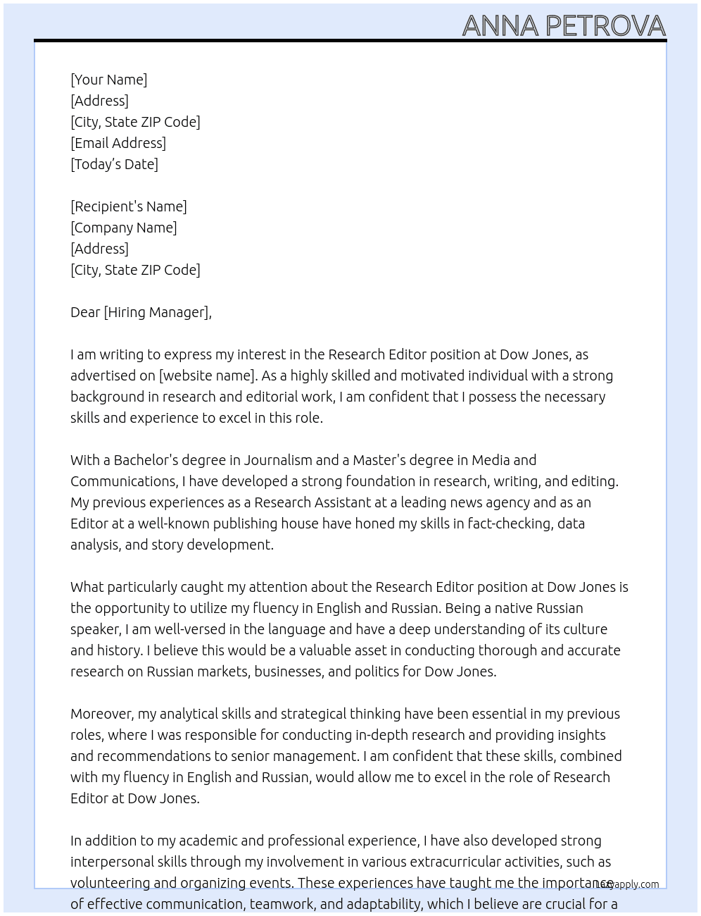 Research Editor At Dow Jones Cover Letter