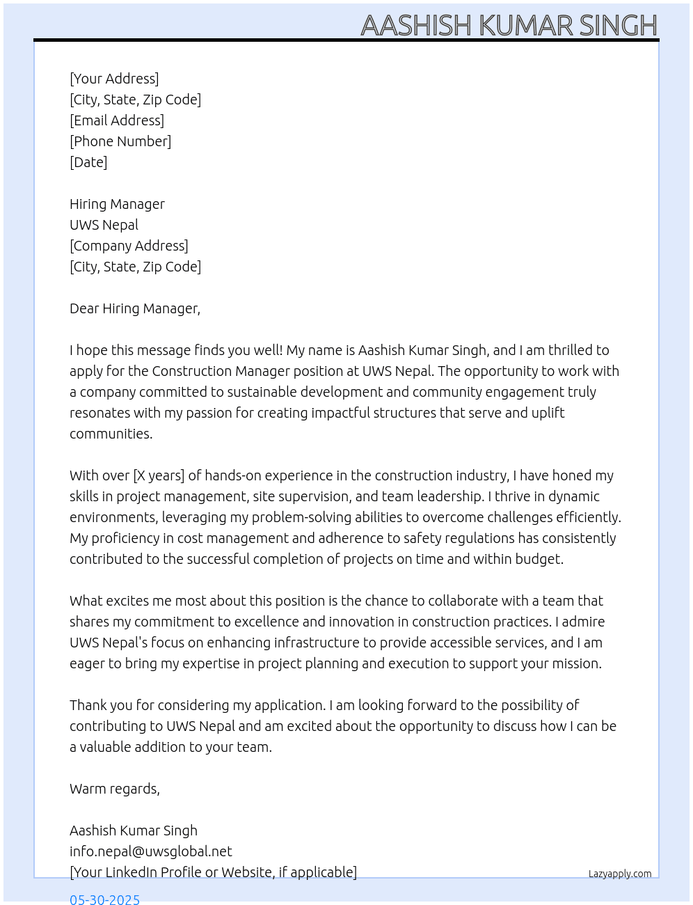construction Manager At UWS Nepal Cover Letter