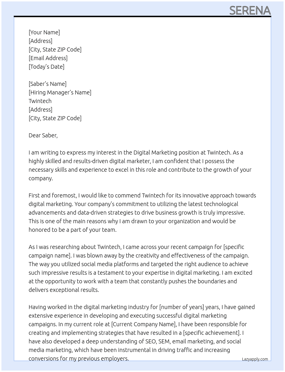 Digital Marketing At Twintech Cover Letter