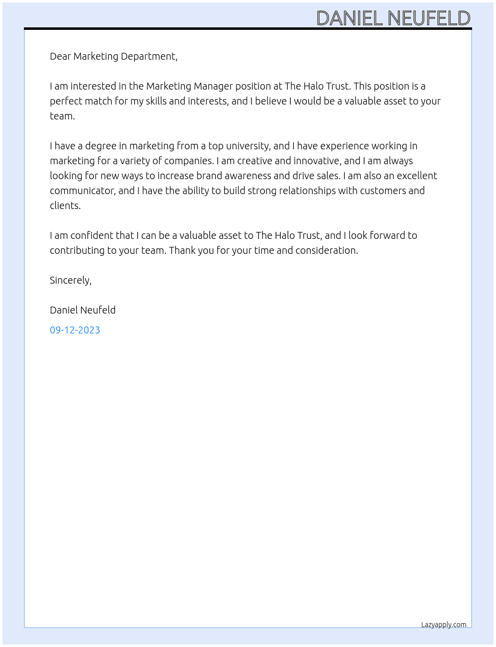 Marketing Manager  At The Halo Trust Cover Letter