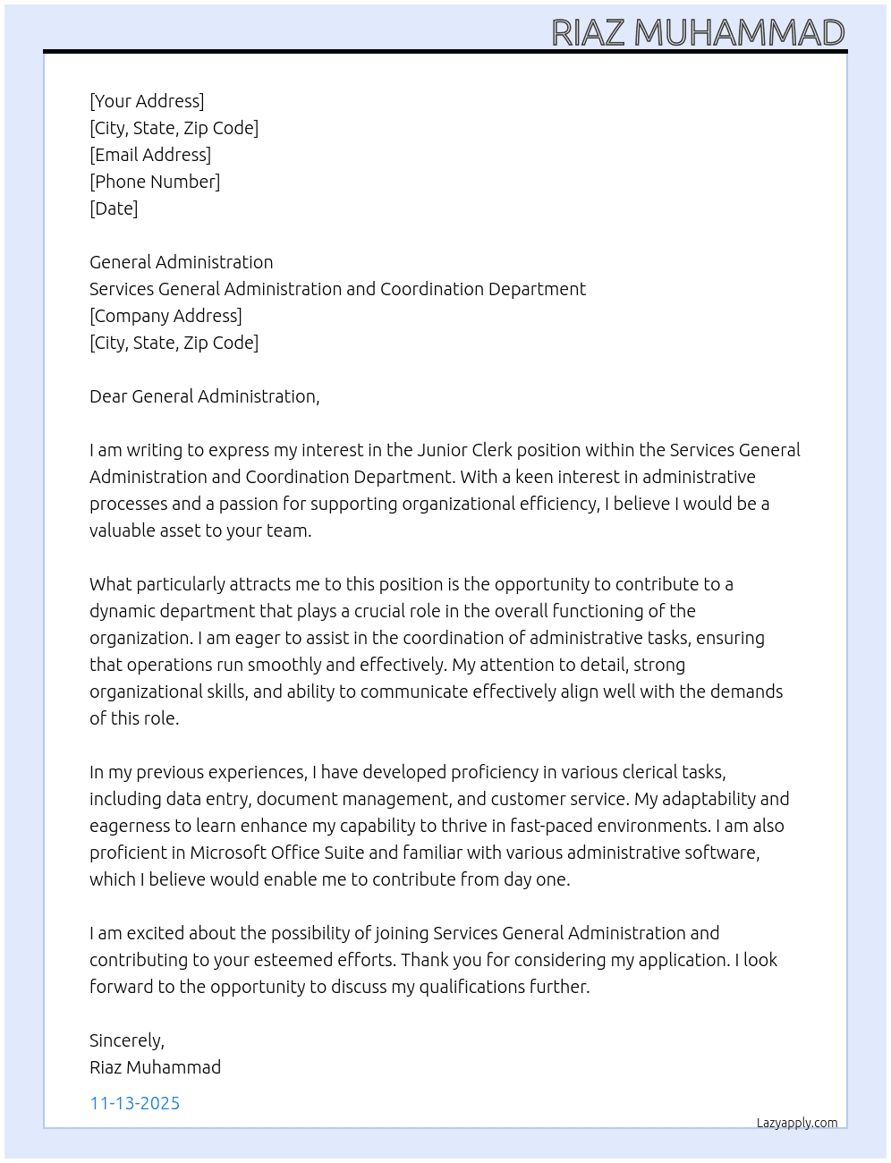 Junior Clerk At Services General Administration and coordination department  Cover Letter