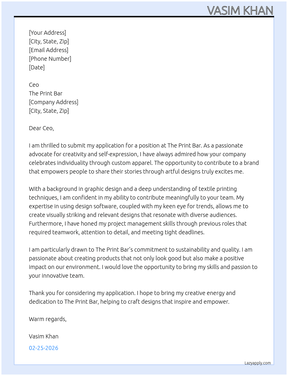 T shirt company  At The print bar Cover Letter