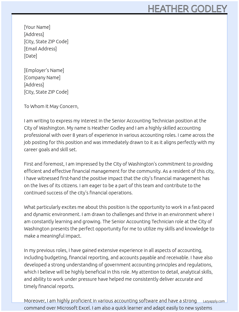 Senior Accounting Technician At City of Washington Cover Letter