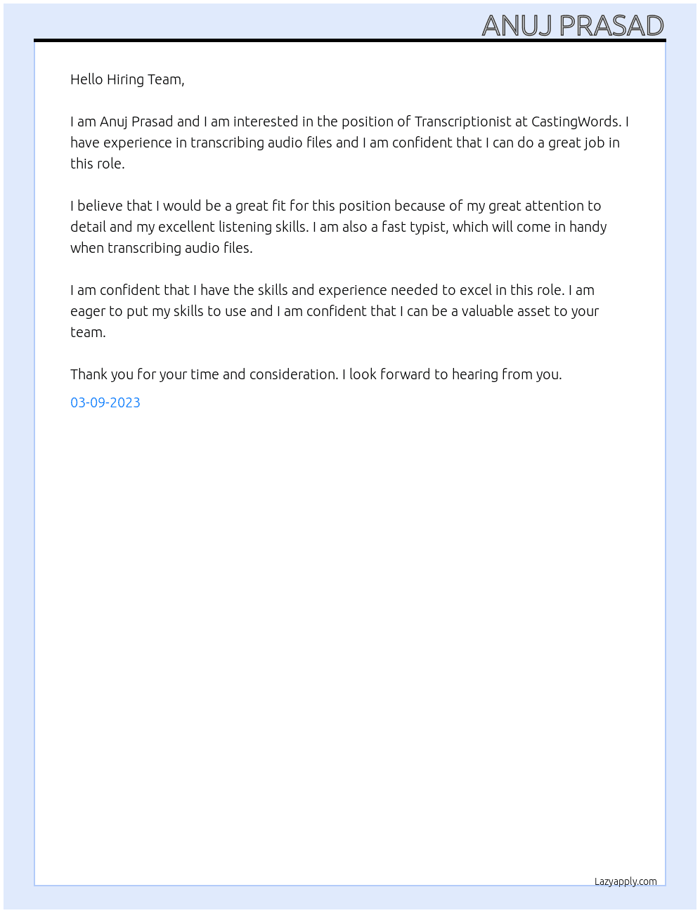 Transcriptionist At CastingWords Cover Letter